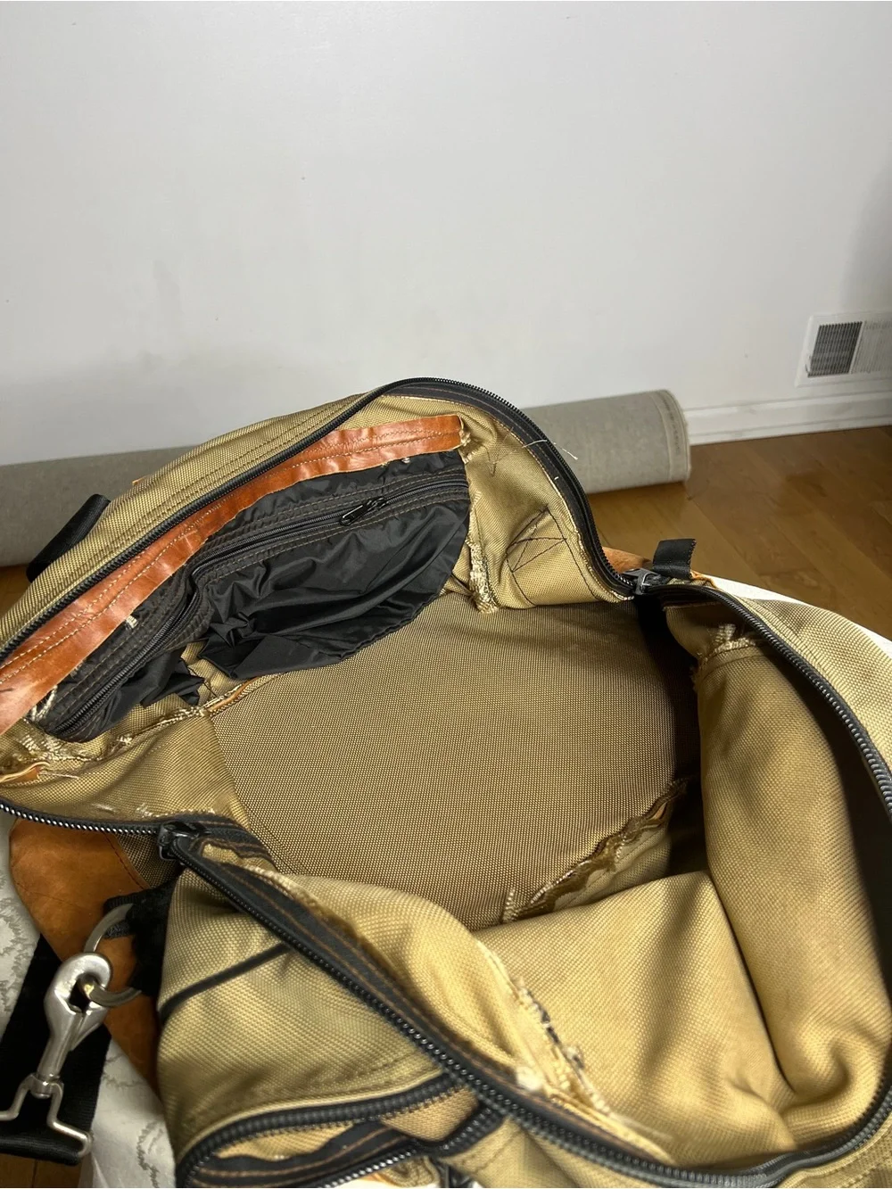 Vintage Athalon Khaki Canvas & Leather Trim Duffel Bag with Black Strap